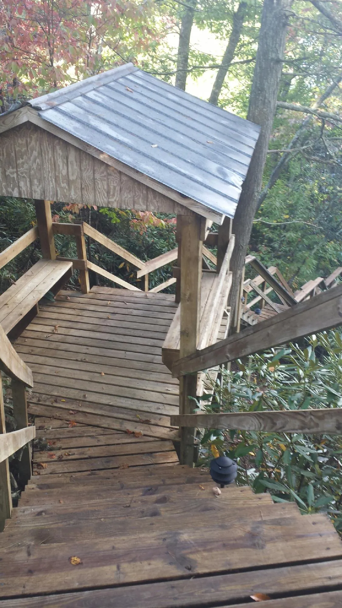 Metal roofed shelter over wooden steps on a wooded walkway — Skylight Repair & Installation work by our crew in Edinburg